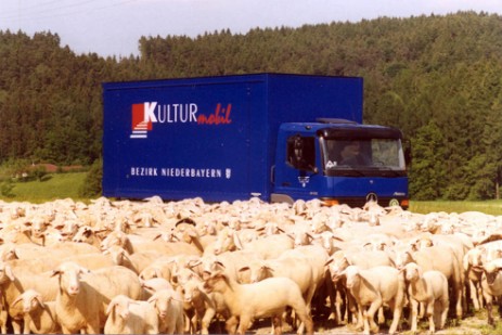 Kulturmobil hinter Schafherde